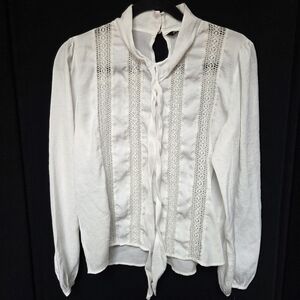 ZARA Boho Cottagecore White Lace Trim Blouse With Neck Tie Medium